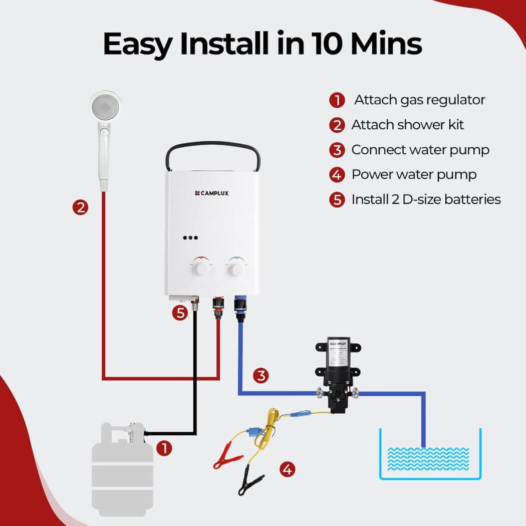 Camplux AY132P43 Portable Propane Water Heater Pump Kit