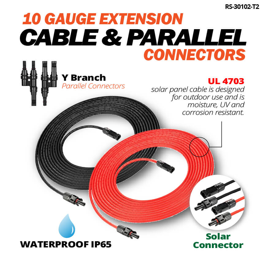 10 Gauge Solar Panel Extension Cable with Male and Female Solar Connector Ends and Parallel Connectors | Pair of 10AWG Red and Black Extension Wire and Parallel Connectors | Choose Cable Length: 30ft, 50ft