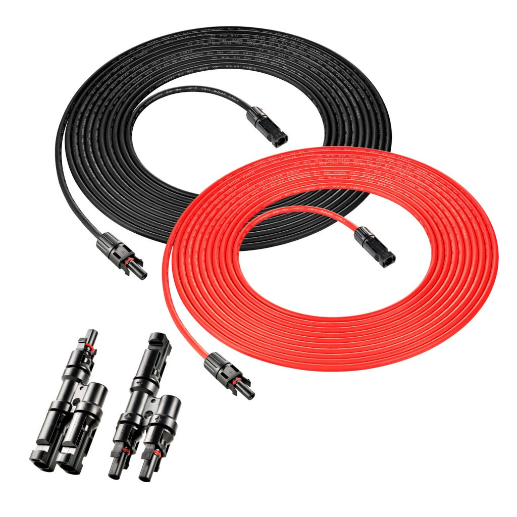 10 Gauge Solar Panel Extension Cable with Male and Female Solar Connector Ends and Parallel Connectors | Pair of 10AWG Red and Black Extension Wire and Parallel Connectors | Choose Cable Length: 30ft, 50ft