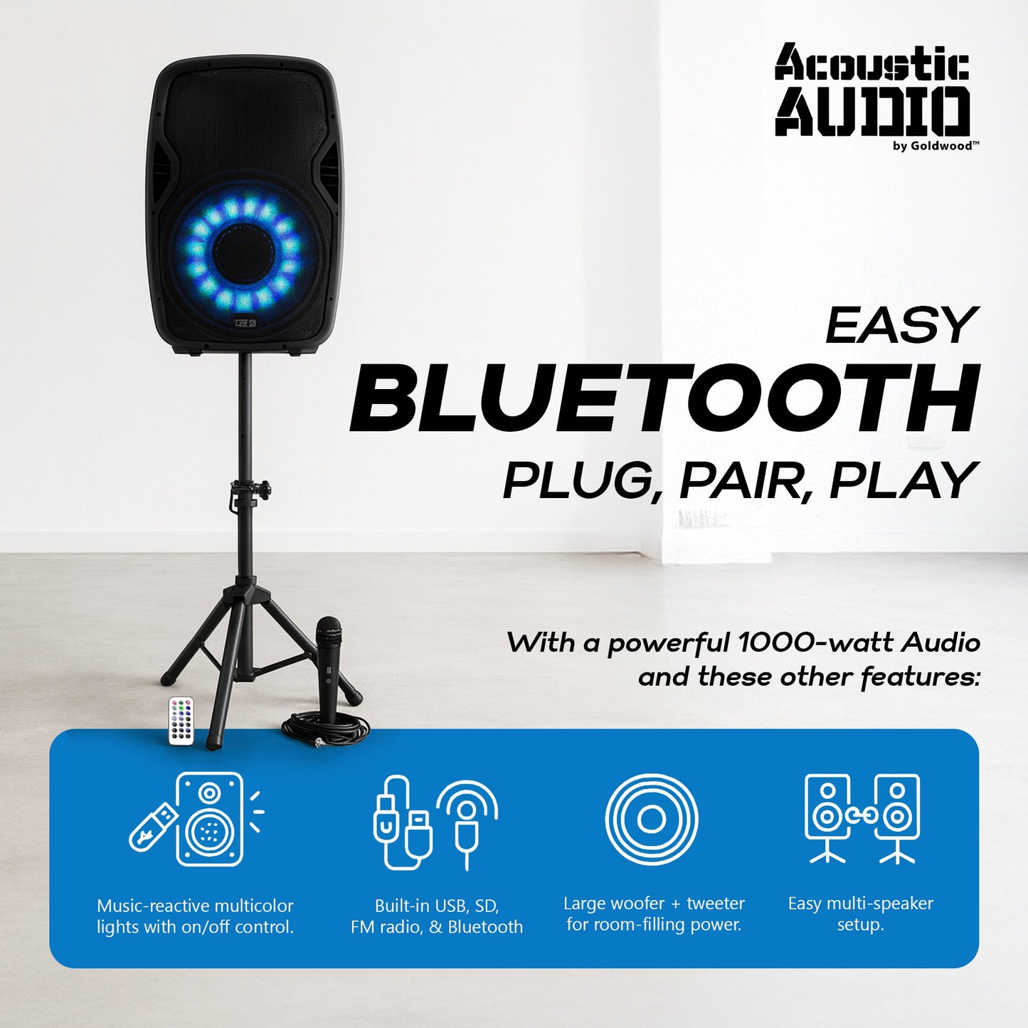 Acoustic Audio by Goldwood 1000W Bluetooth Speaker, PA System w/Flashing LEDs