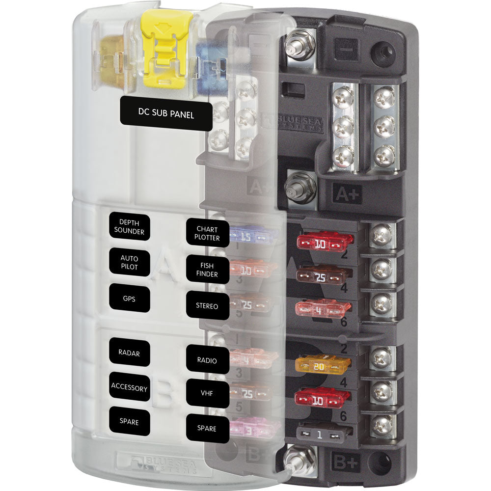 Blue Sea 5032 12-Gang 2-Group Fuse Block ST ATO/ATC Negative Bus and Cover
