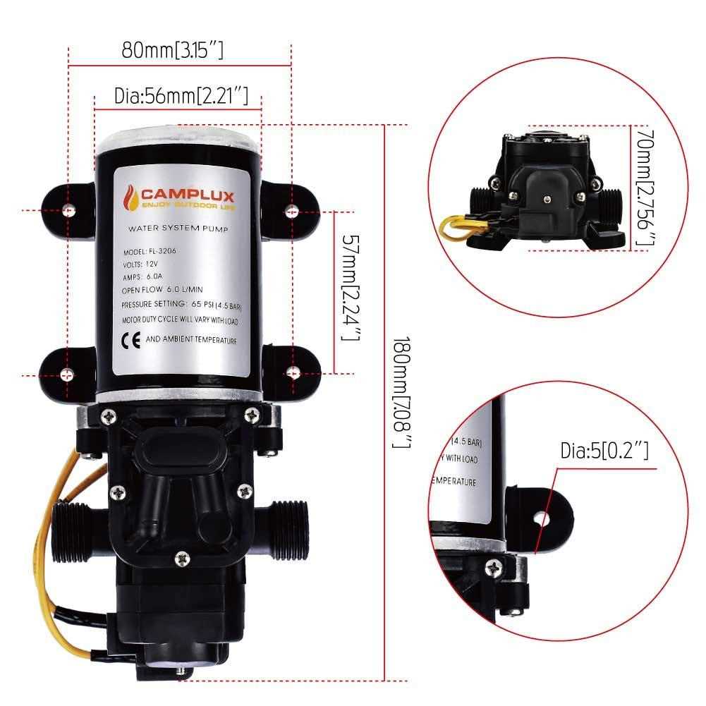 Camplux 12V Water Pump 65PSI DC 1.6GPM 6LPM Diaphragm