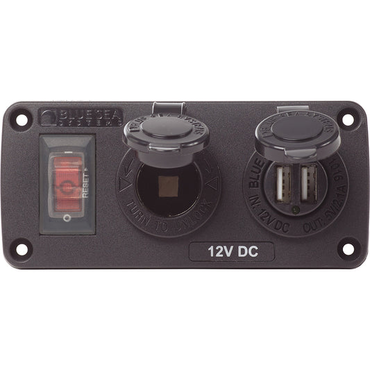 Blue Sea Water-Resistant 12V 15A Circuit Accessory Panel with 12v Socket and Dual USB
