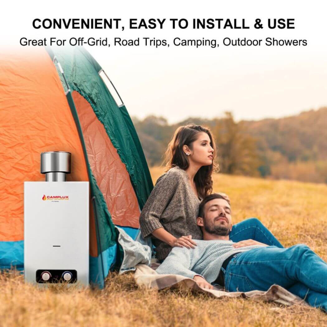 Tankless Water Heater, Camplux 2.64 GPM Outdoor Propane Gas Water Heater with 4.33" Rain Cap, Camping Shower, White