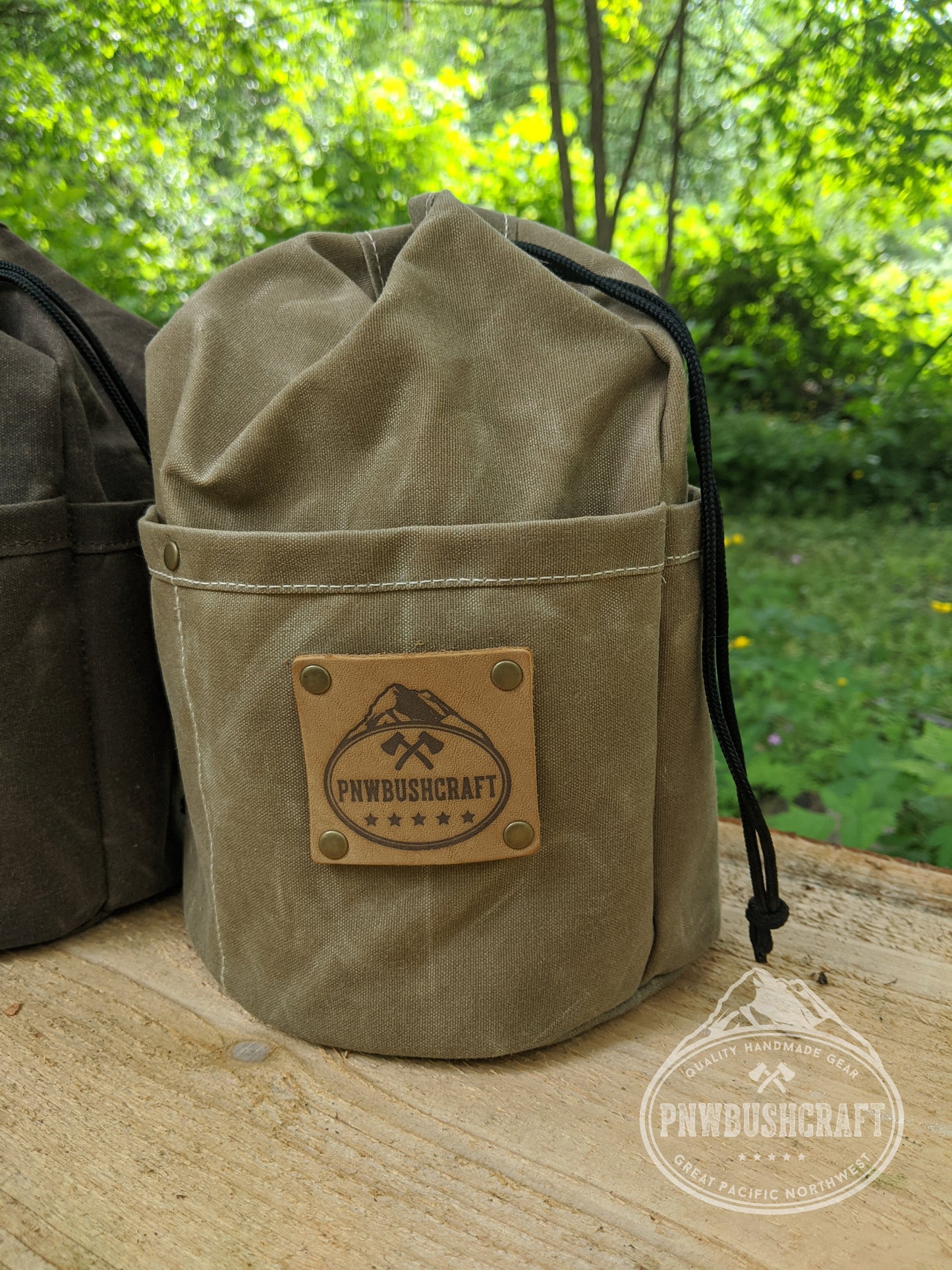 Handcrafted Waxed Canvas Cedar Bucket Bag with Outside Pockets