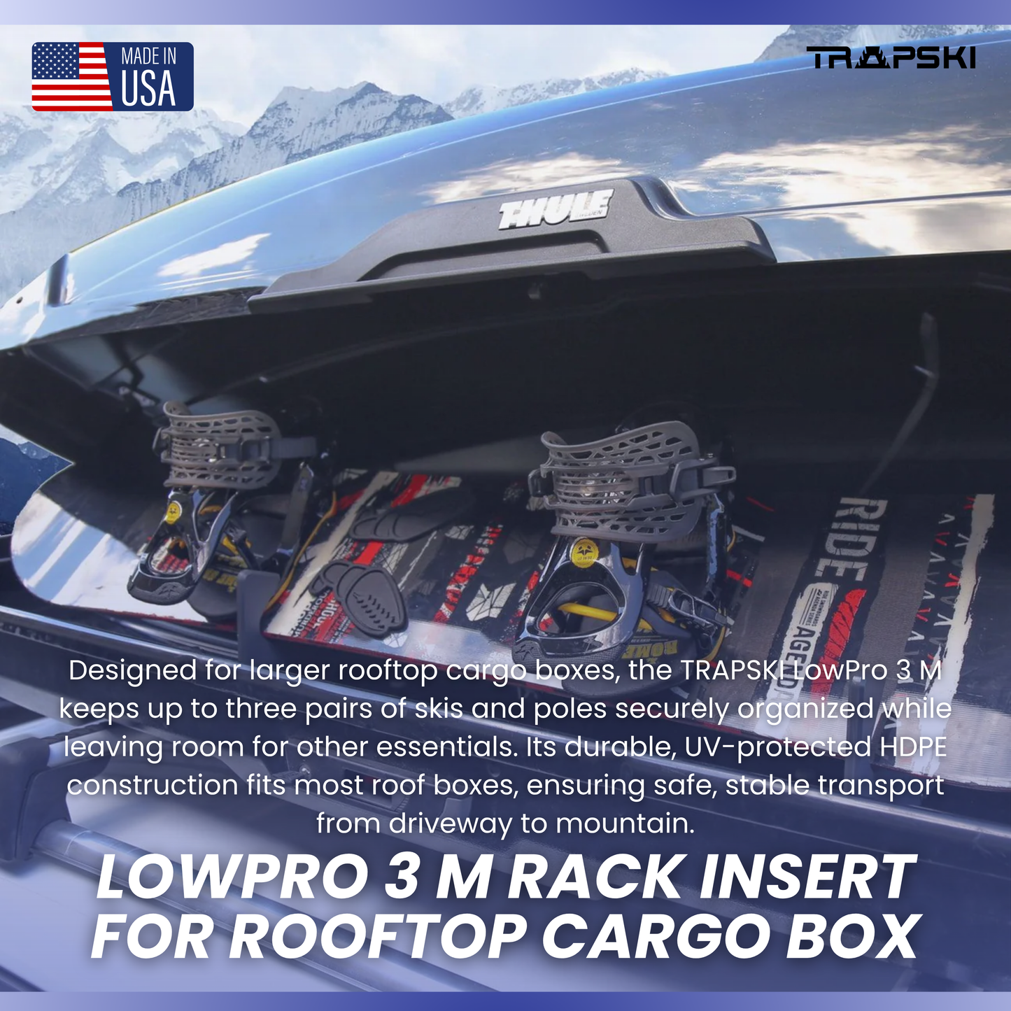 TRAPSKI LowPro 3 M Ski and Snowboard Rack Insert for Rooftop Cargo Box | High Quality Marine Grade HDPE Plastic | UV Protected | Premium Strap Included | 3 Year Warranty | Made in the USA
