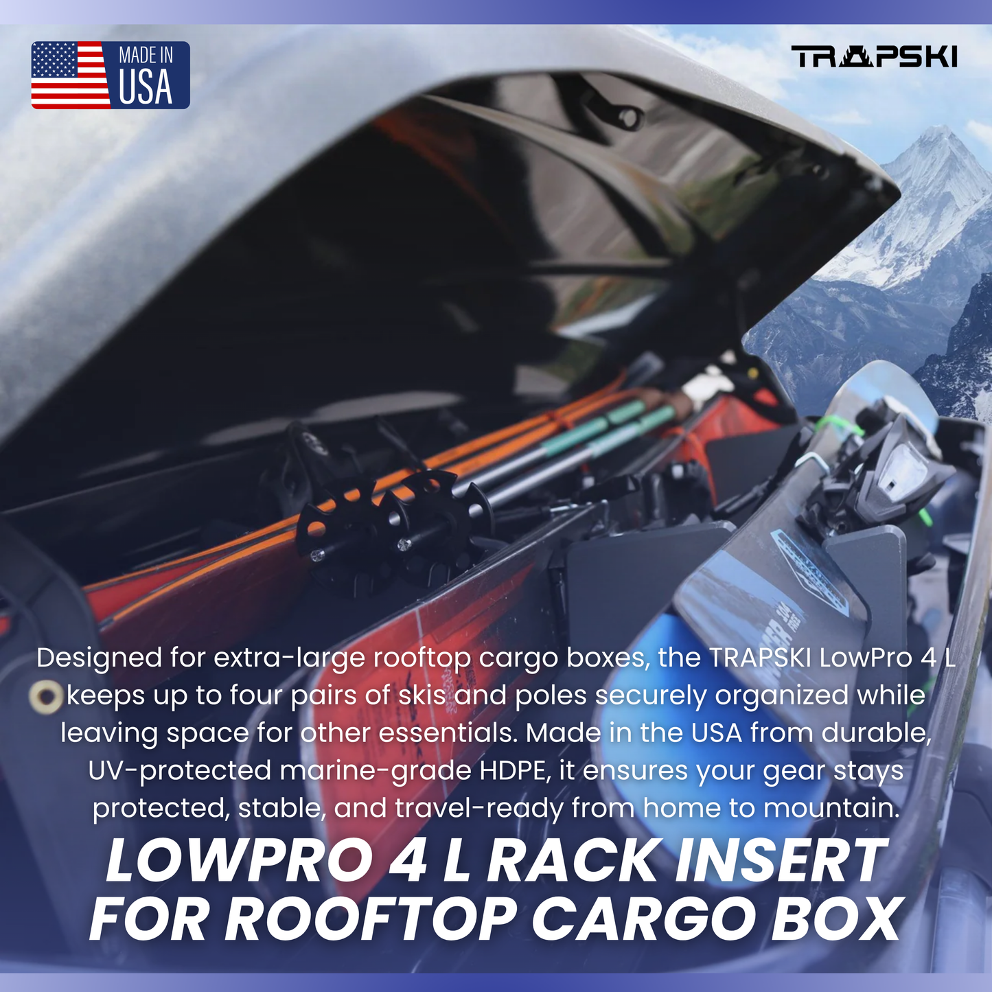 TRAPSKI LowPro 4 L Ski and Snowboard Rack Insert for Rooftop Cargo Box | High Quality Marine Grade HDPE Plastic | Premium Strap Included | 3 Year Warranty | Made in the USA | Veteran Owned Business