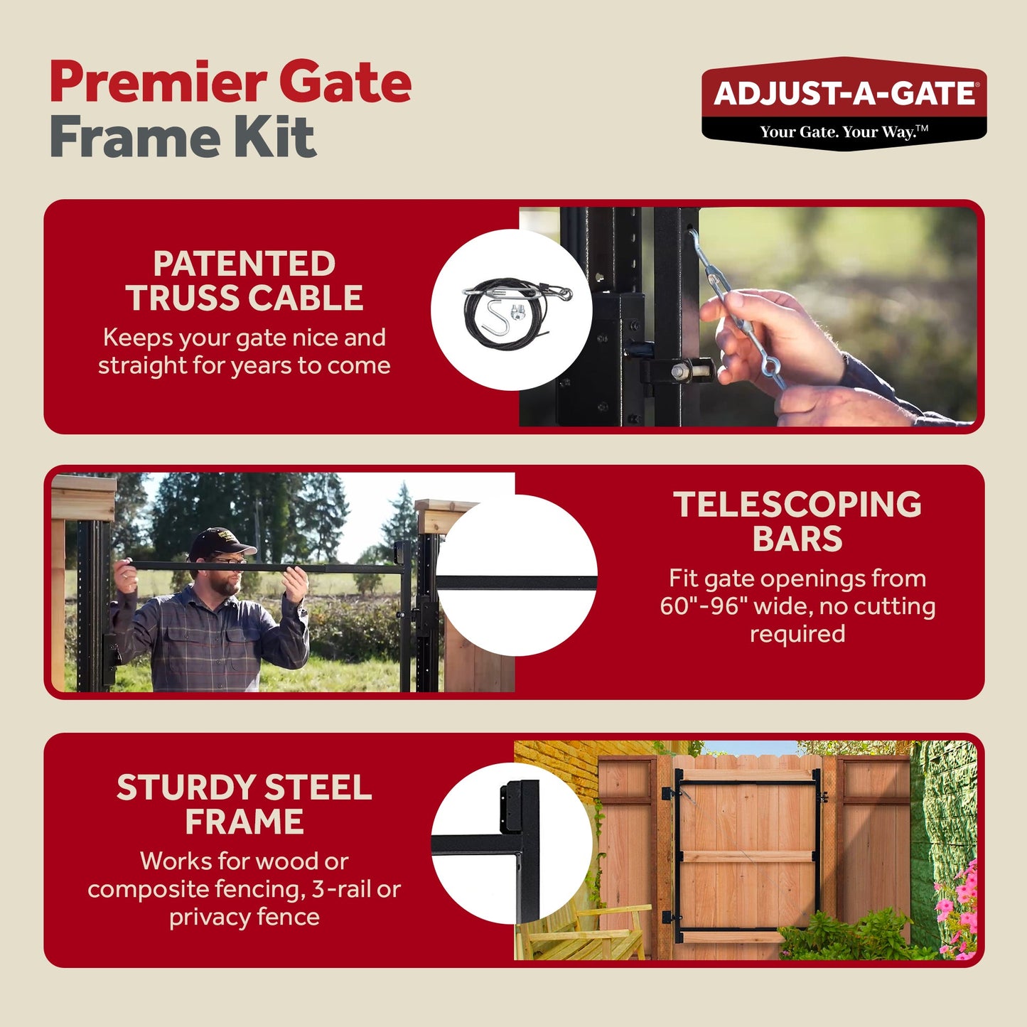 Adjust-A-Gate Steel Frame Gate Building Kit, 60"-96" Wide, 6' High (3 Pack)